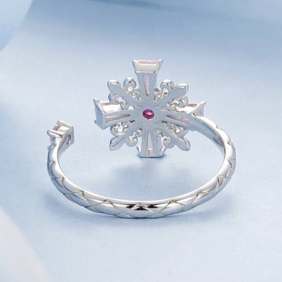 NWT S925 Sterling Silver Pink CZ Cross Fleur-De-Lis Design Open Adjustable Ring - Picture 7 of 12